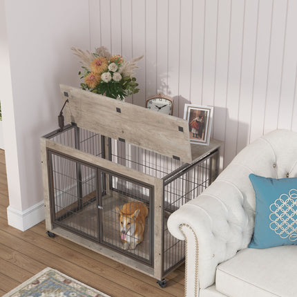 AB6- Furniture Style Dog Crate Side Table on Wheels with Double Doors and Lift Top. - Likeshoppe 
