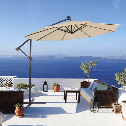 PZ2- 10 FT Solar LED Patio Outdoor Umbrella Hanging Cantilever Umbrella Offset Umbrella Easy Open Adustment with 24 LED Lights - tan - Likeshoppe 