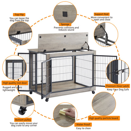 AB6- Furniture Style Dog Crate Side Table on Wheels with Double Doors and Lift Top. - Likeshoppe 