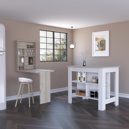 PA1- Pasadena 2 Piece Kitchen Set, Kitchen Island + Functional Table , White/Light Gray - Likeshoppe 
