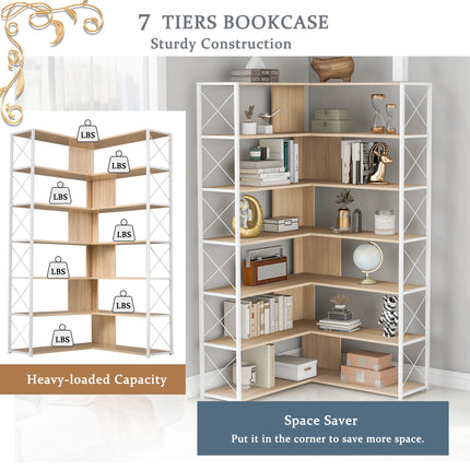 BC2- 7-Tier Bookcase Home Office Bookshelf, L-Shaped Corner Bookcase with Metal Frame, Industrial Style Shelf with Open Storage, MDF Board - Likeshoppe 