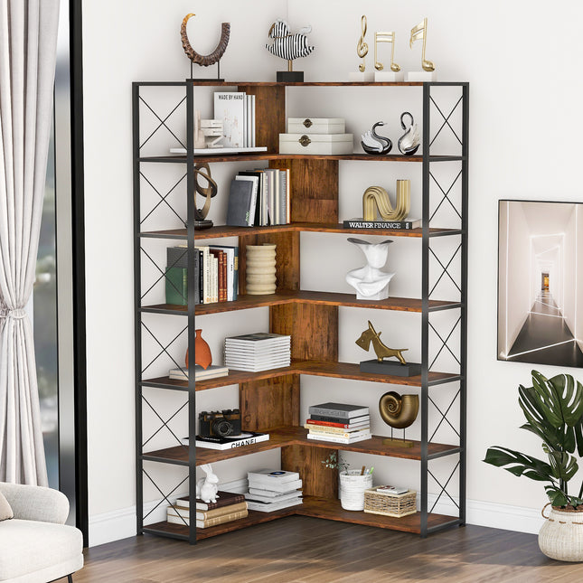 BC2- 7-Tier Bookcase Home Office Bookshelf, L-Shaped Corner Bookcase with Metal Frame, Industrial Style Shelf with Open Storage, MDF Board - Likeshoppe 