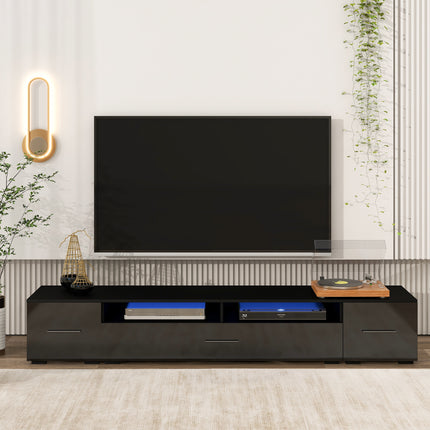 TV21- ON-TREND Extended, Minimalist Design TV stand with Color Changing LED Lights, Modern Universal Entertainment Center, High Gloss TV Cabinet for 90+ inch TV, Black - Likeshoppe 