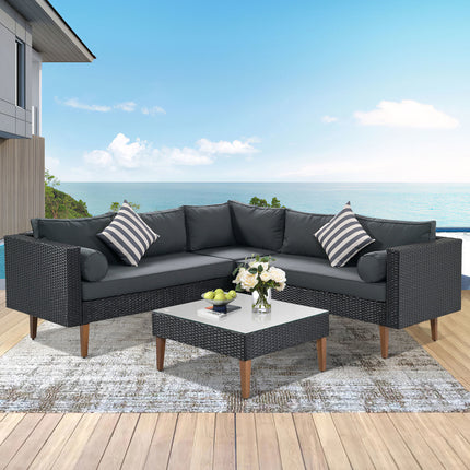 PX6- 4-pieces Outdoor Wicker Sofa Set;  Patio Furniture with Colorful Pillows;  L-shape sofa set;  Gray cushions and Black Rattan - Likeshoppe 
