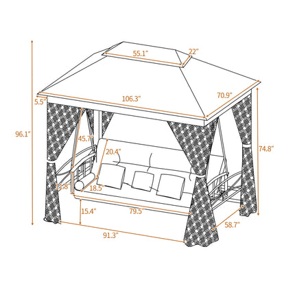 AG8- 8.9 Ft. W x 5.9 Ft. D Outdoor Gazebo with Convertible Swing Bench;  Double Roof Soft Canopy Garden Backyard Gazebo with Mosquito Netting Suitable for Lawn;  Garden;  Backyard - Likeshoppe 