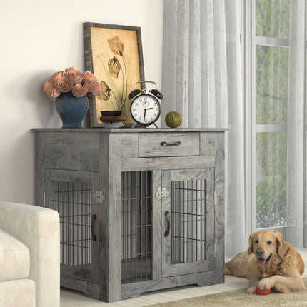 PE9- Furniture Style Dog Crate End Table with Drawer, Pet Kennels with Double Doors, Dog House Indoor Use, Weathered Grey - Likeshoppe 