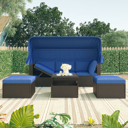 PX2- Outdoor Patio Rectangle Daybed with Retractable Canopy, Wicker Furniture Sectional Seating with Washable Cushions, Backyard, Porch - Likeshoppe 