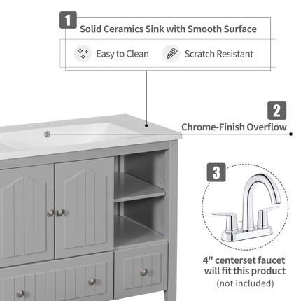 PT1- 36\\" Bathroom Vanity with Ceramic Basin;  Bathroom Storage Cabinet with Two Doors and Drawers;  Solid Frame;  Metal Handles - Likeshoppe 