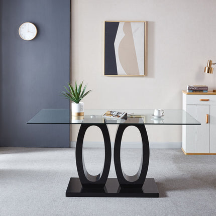 DT4- (TABLE ONLY) Contemporary Tempered Glass Top Double Pedestal Dining Table;  size 63" x 35.4" x 29.5" (Black or White) - Likeshoppe 