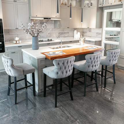 BS4- Contemporary Velvet Upholstered Wing-Back Barstools with Button Tufted Decoration and Wooden Legs;  and Chrome Nailhead Trim;  Leisure Style Bar Chairs; Bar stools;  Set of 2 - Likeshoppe 