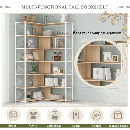 BC2- 7-Tier Bookcase Home Office Bookshelf, L-Shaped Corner Bookcase with Metal Frame, Industrial Style Shelf with Open Storage, MDF Board - Likeshoppe 