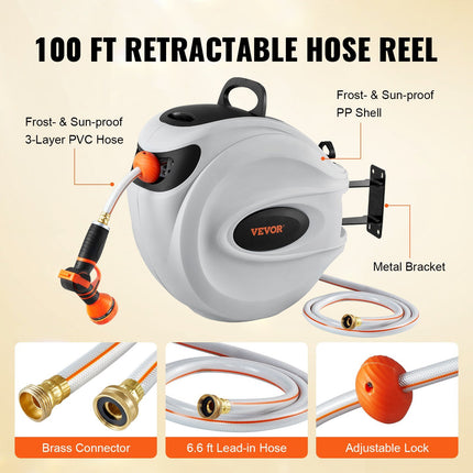 AH1-  Retractable Hose Reel Water Hose Reel 100'x1/2" 180° Swivel Wall-Mounted,Garden Water Hose Reel with 9-Pattern Nozzle,Automatic Rewind, Lock at Any Length, with Slow Return System - Likeshoppe 