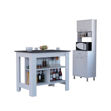 PA6- Newark 2 Piece Kitchen Set, Kitchen Island + Pantry Cabinet , White/Onyx - Likeshoppe 