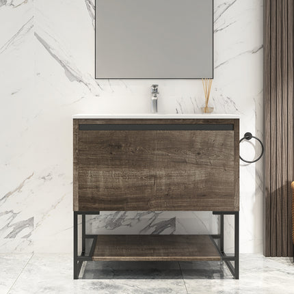 PT5- 32 inches Wood Freestanding Bathroom Vanity Combo with Integrated Ceramic Sink and 2 Soft Close Doors - Likeshoppe 