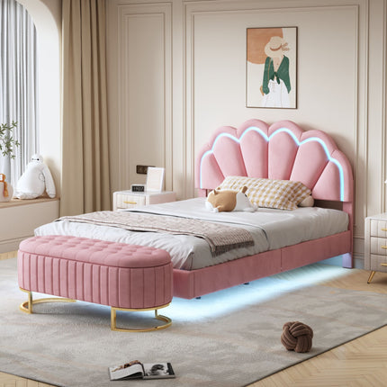 BR1- 2-Pieces Bedroom Sets Full Size Upholstered LED Platform Bed with Storage Ottoman-Velvet - Likeshoppe 