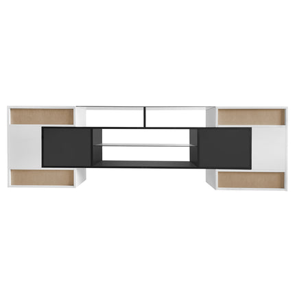 TV12- ON-TREND Unique Shape TV Stand with 2 Illuminated Glass Shelves, High Gloss Entertainment Center for TVs Up to 88", Versatile TV Cabinet with LED Color Changing Lights for Living Room, Black&White - Likeshoppe 
