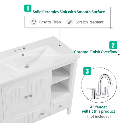 PT1- 36\\" Bathroom Vanity with Ceramic Basin;  Bathroom Storage Cabinet with Two Doors and Drawers;  Solid Frame;  Metal Handles - Likeshoppe 