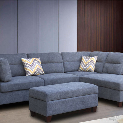 S2- Diego Gray Fabric Sectional Sofa with Right Facing Chaise, Storage Ottoman, and 2 Accent Pillows - Likeshoppe 