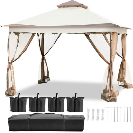 AG5- Outdoor Canopy Gazebo Tent, Portable Canopy Shelter with 12'x12' Large Shade Tents for Parties, Backyard, Patio Lawn and Garden, 4 Sandbags, Carrying Bag and Netting Included, Brown - Likeshoppe 