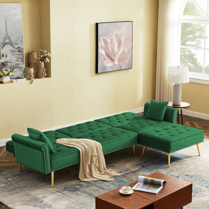 U6- Modern Velvet Upholstered Reversible Sectional Sofa Bed , L-Shaped Couch with Movable Ottoman and Nailhead Trim For Living Room. (Green) - Likeshoppe 