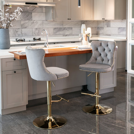 BS3- Furniture,Golden Swivel Velvet Barstools Adjusatble Seat Height from 25-33 Inch, Modern Upholstered Bar Stools with Backs Comfortable Tufted for Home Pub and Kitchen Island - Likeshoppe 