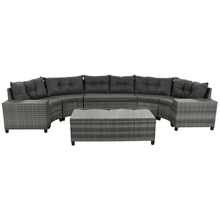 PX13- 8-pieces Outdoor Wicker Round Sofa Set;  Half-Moon Sectional Sets All Weather;  Curved Sofa Set With Rectangular Coffee Table;  PE Rattan Water-resistant and UV Protected;  Movable Cushion - Likeshoppe 