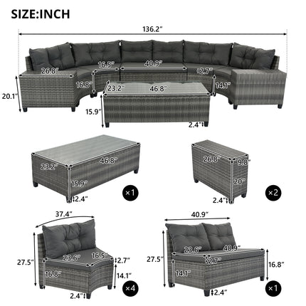 PX13- 8-pieces Outdoor Wicker Round Sofa Set;  Half-Moon Sectional Sets All Weather;  Curved Sofa Set With Rectangular Coffee Table;  PE Rattan Water-resistant and UV Protected;  Movable Cushion - Likeshoppe 