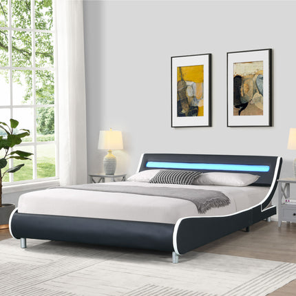 PF2- Faux Leather Upholstered Platform Bed Frame with led lighting , Curve Design, Wood Slat Support, No Box Spring Needed, Easy Assemble, Queen Size, - Likeshoppe 