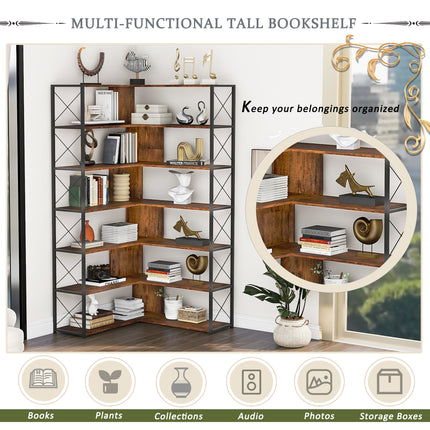BC2- 7-Tier Bookcase Home Office Bookshelf, L-Shaped Corner Bookcase with Metal Frame, Industrial Style Shelf with Open Storage, MDF Board - Likeshoppe 