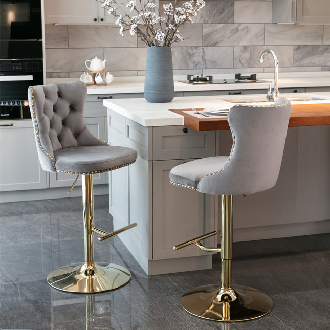 BS3- Furniture,Golden Swivel Velvet Barstools Adjusatble Seat Height from 25-33 Inch, Modern Upholstered Bar Stools with Backs Comfortable Tufted for Home Pub and Kitchen Island - Likeshoppe 