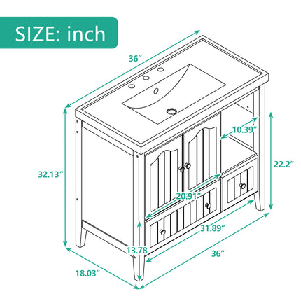 PT1- 36\\" Bathroom Vanity with Ceramic Basin;  Bathroom Storage Cabinet with Two Doors and Drawers;  Solid Frame;  Metal Handles - Likeshoppe 