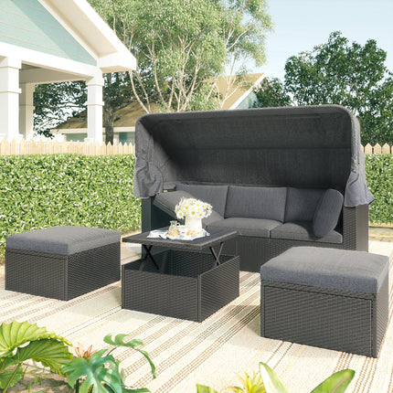 PX2- Outdoor Patio Rectangle Daybed with Retractable Canopy, Wicker Furniture Sectional Seating with Washable Cushions, Backyard, Porch - Likeshoppe 