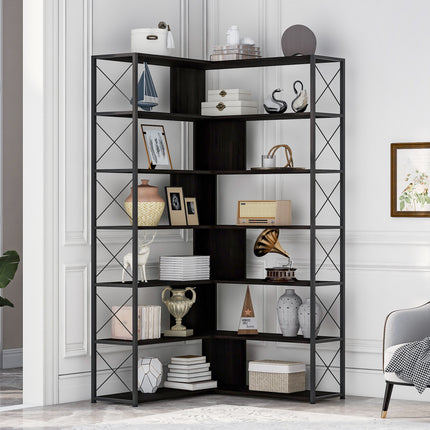 BC2- 7-Tier Bookcase Home Office Bookshelf, L-Shaped Corner Bookcase with Metal Frame, Industrial Style Shelf with Open Storage, MDF Board - Likeshoppe 