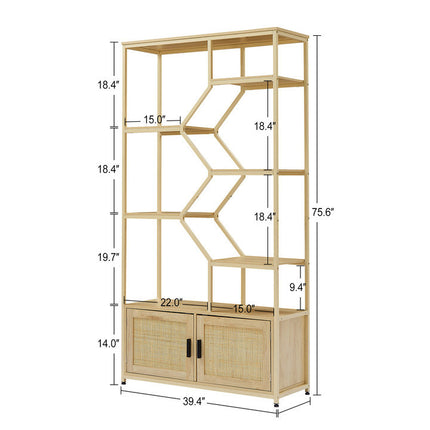 BC3- Rattan bookshelf 5 tiers Bookcases Storage Rack with cabinet for Living Room Home Office - Likeshoppe 