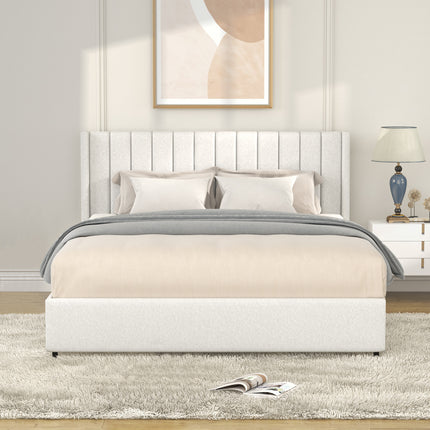 BR9- Anda Queen Size Ivory Boucle Upholstered Platform Bed with Patented 4 Drawers Storage, Tufted Headboard, Wooden Slat Mattress Support, No Box Spring Needed. - Likeshoppe 