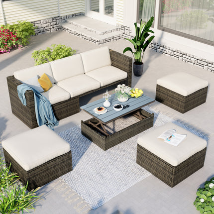 PX9- Patio Furniture Sets;  5-Piece Patio Wicker Sofa with Adustable Backrest;  Cushions;  Ottomans and Lift Top Coffee Table - Likeshoppe 