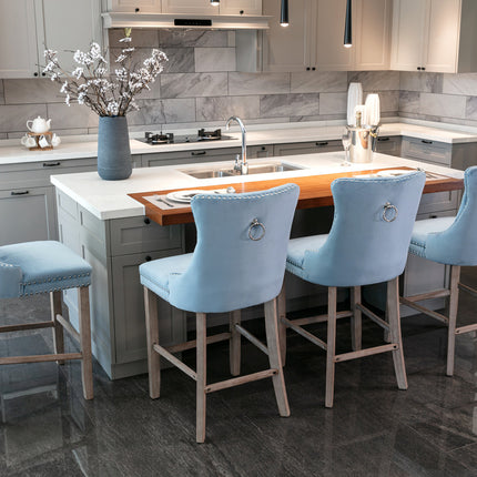 BS1- (Set of 2) Contemporary Velvet Upholstered Barstools with Button Tufted Decoration and Wooden Legs;  and Chrome Nailhead Trim;  Leisure Style Bar Chairs; Bar stools;  Set of 2 - Likeshoppe 