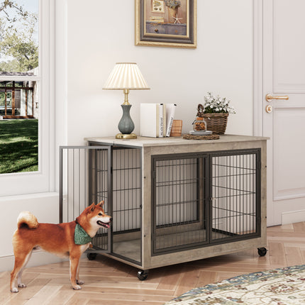AB6- Furniture Style Dog Crate Side Table on Wheels with Double Doors and Lift Top. - Likeshoppe 
