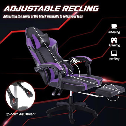 PV1- Video Game Chairs for Adults, PU Leather Gaming Chair with Footrest, 360°Swivel Adjustable Lumbar Pillow Gamer Chair, Comfortable Computer Chair for Heavy People - Likeshoppe 