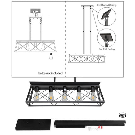 VF5- 5-Light Farmhouse Chandeliers for Dining Room, Metal Rustic Pendant Island Light Fixture, Modern Rectangular Island Lights for Kitchen, Living Room(No Bulbs) - Likeshoppe 