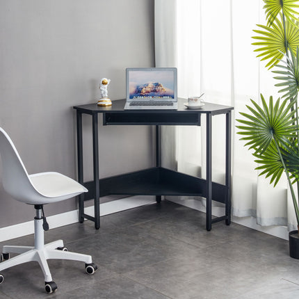 PW1- Triangle Computer Desk; Corner Desk With Smooth Keyboard Tray& Storage Shelves ; Compact Home Office; Small Desk With Sturdy Steel Frame As Workstation For Small Space; BLACK; 28.34''L 24''W 30.11''H - Likeshoppe 