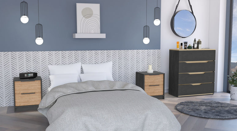 PD3- Blaine 3 Piece Bedroom Set, Nightstand + Nightstand + Drawer Dresser, Black / Pine / Light Oak - Likeshoppe 