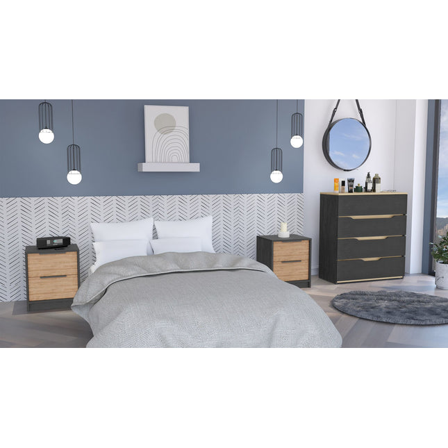 PD3- Blaine 3 Piece Bedroom Set, Nightstand + Nightstand + Drawer Dresser, Black / Pine / Light Oak - Likeshoppe 