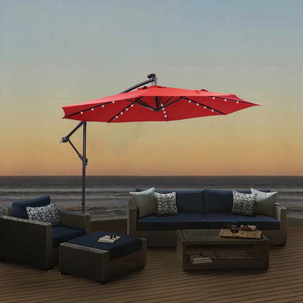 PZ3- 10 FT Solar LED Patio Outdoor Umbrella Hanging Cantilever Umbrella Offset Umbrella Easy Open Adustment with 32 LED Lights - Likeshoppe 