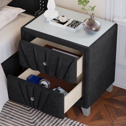PE8- Contemporary Velvet Upholstered Glass Top Nightstand End table with Two Drawers Gray Solid Wood - Likeshoppe 