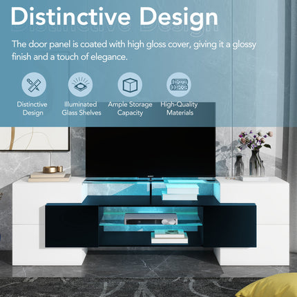 TV12- ON-TREND Unique Shape TV Stand with 2 Illuminated Glass Shelves, High Gloss Entertainment Center for TVs Up to 88", Versatile TV Cabinet with LED Color Changing Lights for Living Room, Black&White - Likeshoppe 