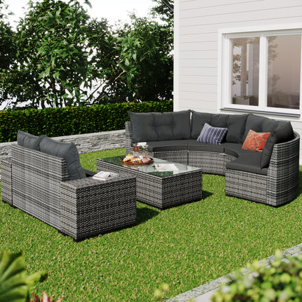 PX13- 8-pieces Outdoor Wicker Round Sofa Set;  Half-Moon Sectional Sets All Weather;  Curved Sofa Set With Rectangular Coffee Table;  PE Rattan Water-resistant and UV Protected;  Movable Cushion - Likeshoppe 