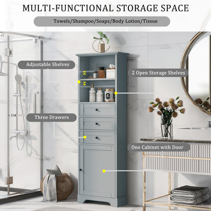 PU14- Tall Storage Cabinet with 3 Drawers and Adjustable Shelves for Bathroom;  Kitchen and Living Room;  MDF Board with Painted Finish - Likeshoppe 