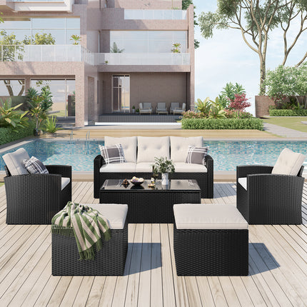 PX19- (6-piece All-Weather Wicker) PE rattan Patio Outdoor Dining Conversation Sectional Set with coffee table, wicker sofas, ottomans, removable cushions - Likeshoppe 