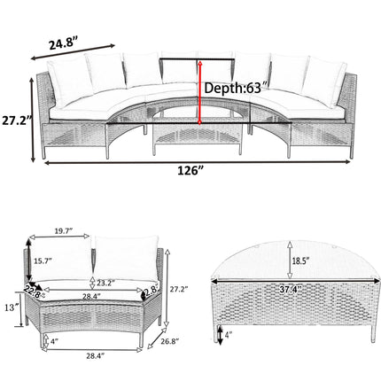 PX16- 5 Pieces All-Weather Brown PE Rattan Wicker Sofa Set Outdoor Patio Sectional Furniture Set Half-Moon Sofa Set with Tempered Glass Table - Likeshoppe 